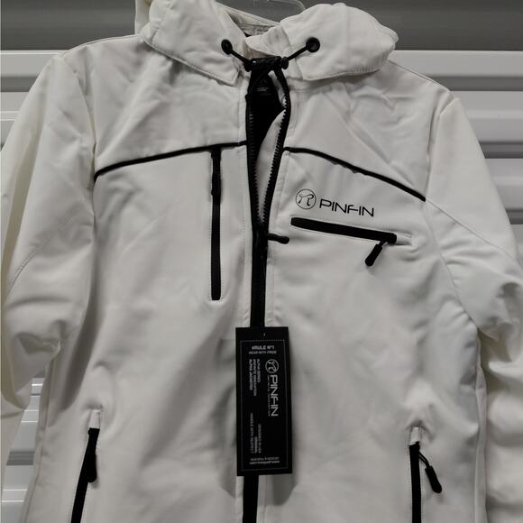 PinFin Womens Hooded Windbreaker Jacket Sz Medium White Outdoor Hiking Rain Coat - Picture 5 of 14